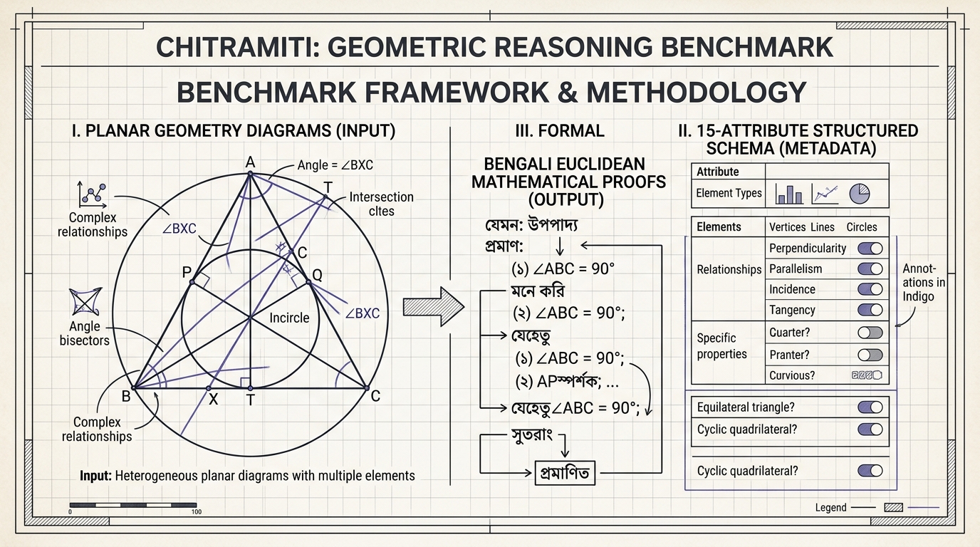ChitraMiti: A Benchmark for Cross-Modal Consistency in Bengali Geometric Reasoning Methodology and Architecture Diagram